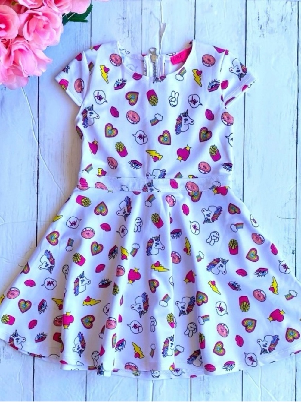 Betsey Johnson White Twirl Dress with Colorful Unicorn & Icon Emoji Print